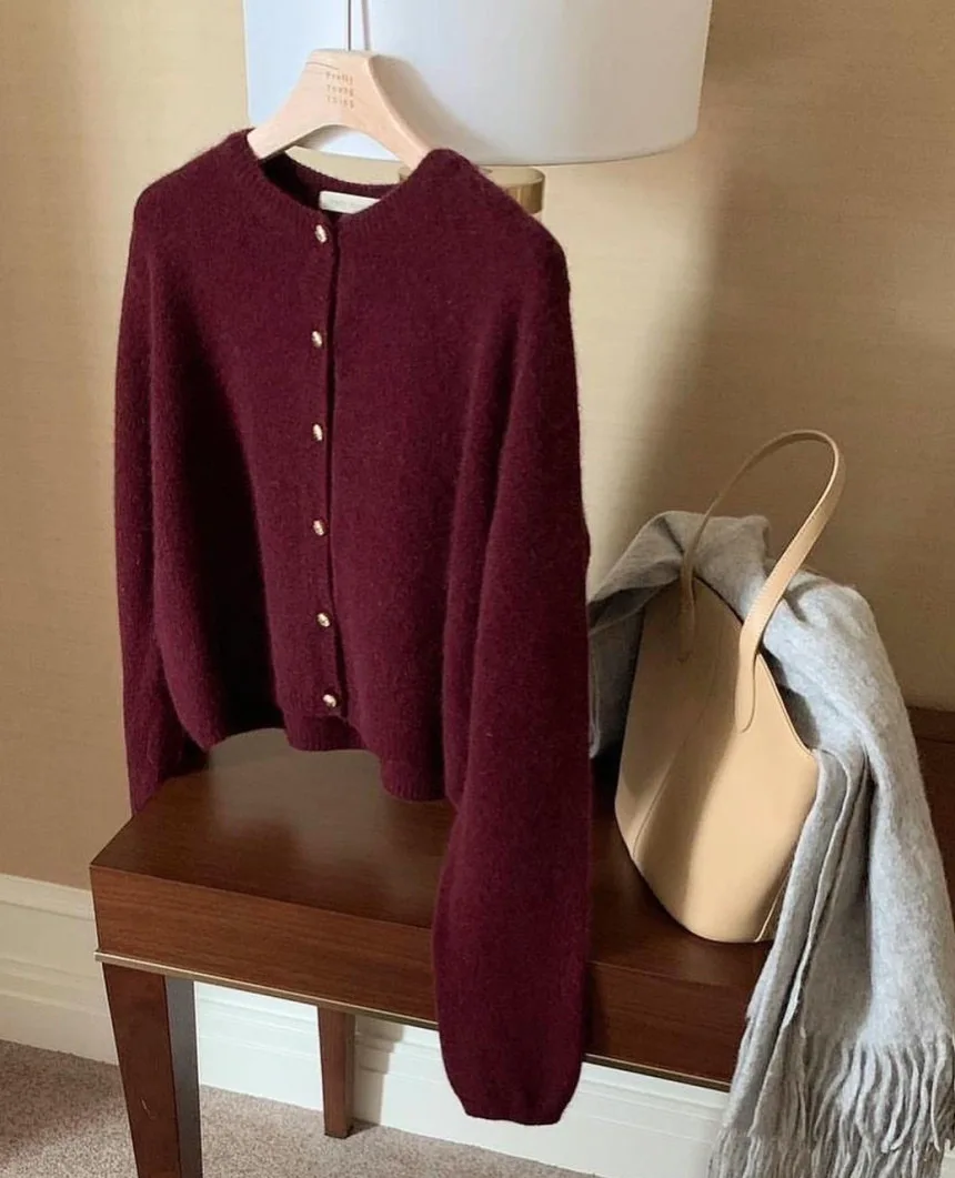 New Sweet Vintage Women Round Collar Metal Single Breasted Soft Mohair Sweater Coat Autumn Winter Solid Knitted Cardigan Tops