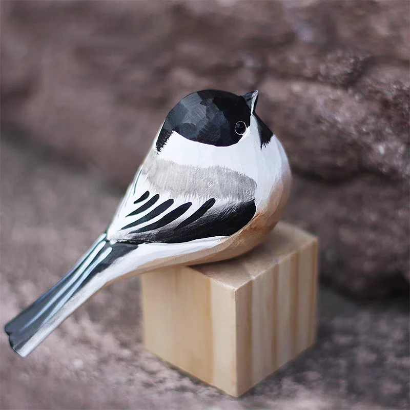 Black top tit handmade natural solid wood Poecile atricapilla desktop wooden Black-capped Chickadee bird ornaments