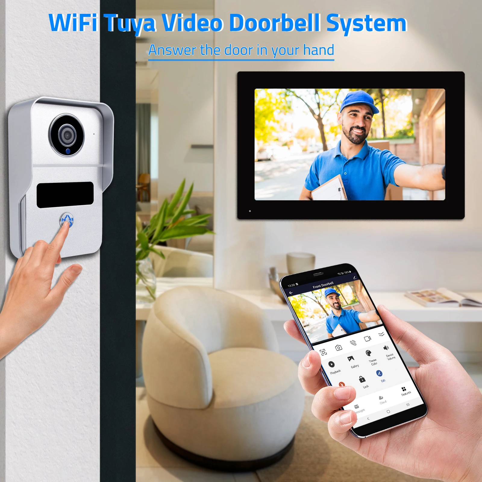 Wireless Wifi Video Doorbell System, 1080P Video Entry Doorphone Door Camera, Video Intercom Kits for Home Villa Apartment