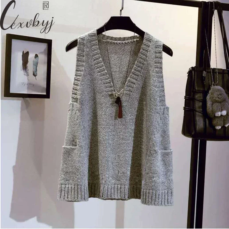 Vintage Knitted Vest Women Casual Big Pocket Sleeveless Sweater Waistcoat Plus Size Loose V-Neck Knittwear Tops Spring Fall E120