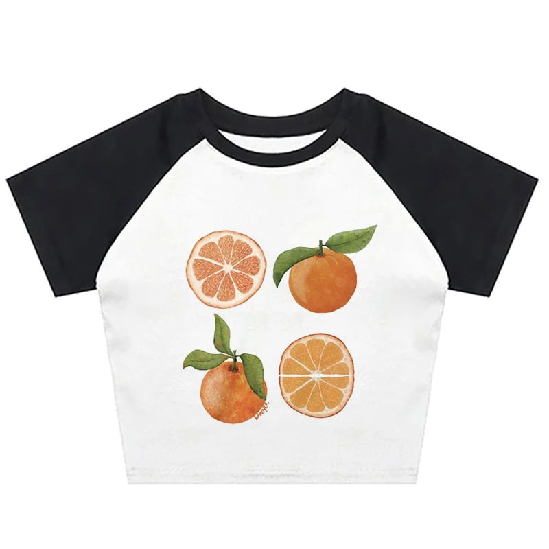 Y2K women's baby T-shirt cute orange print pattern retro girl cut summer punk casual gothic white slim fit T-shirt emo girl