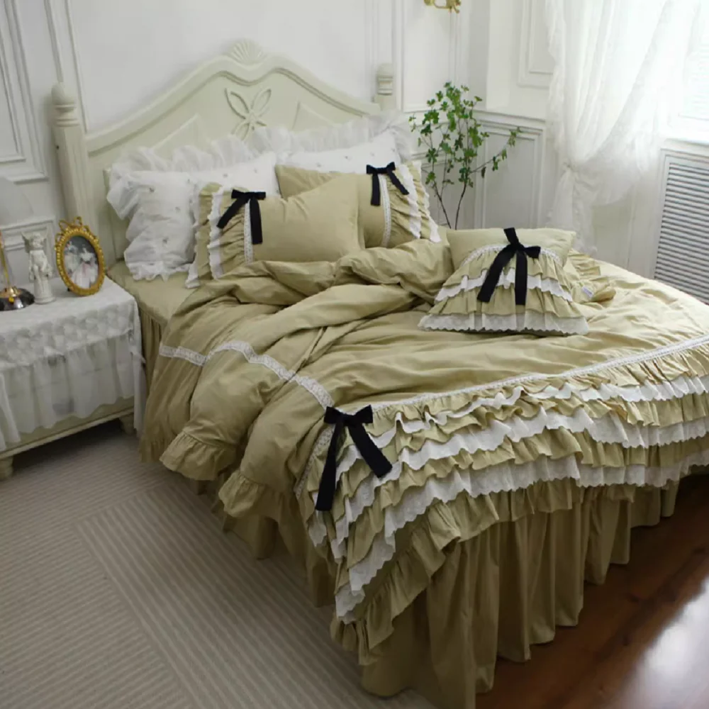 French Korean princess cotton solid color four piece set cake layer ruffles lace embroidery bed skirt bedding khaki duvet set