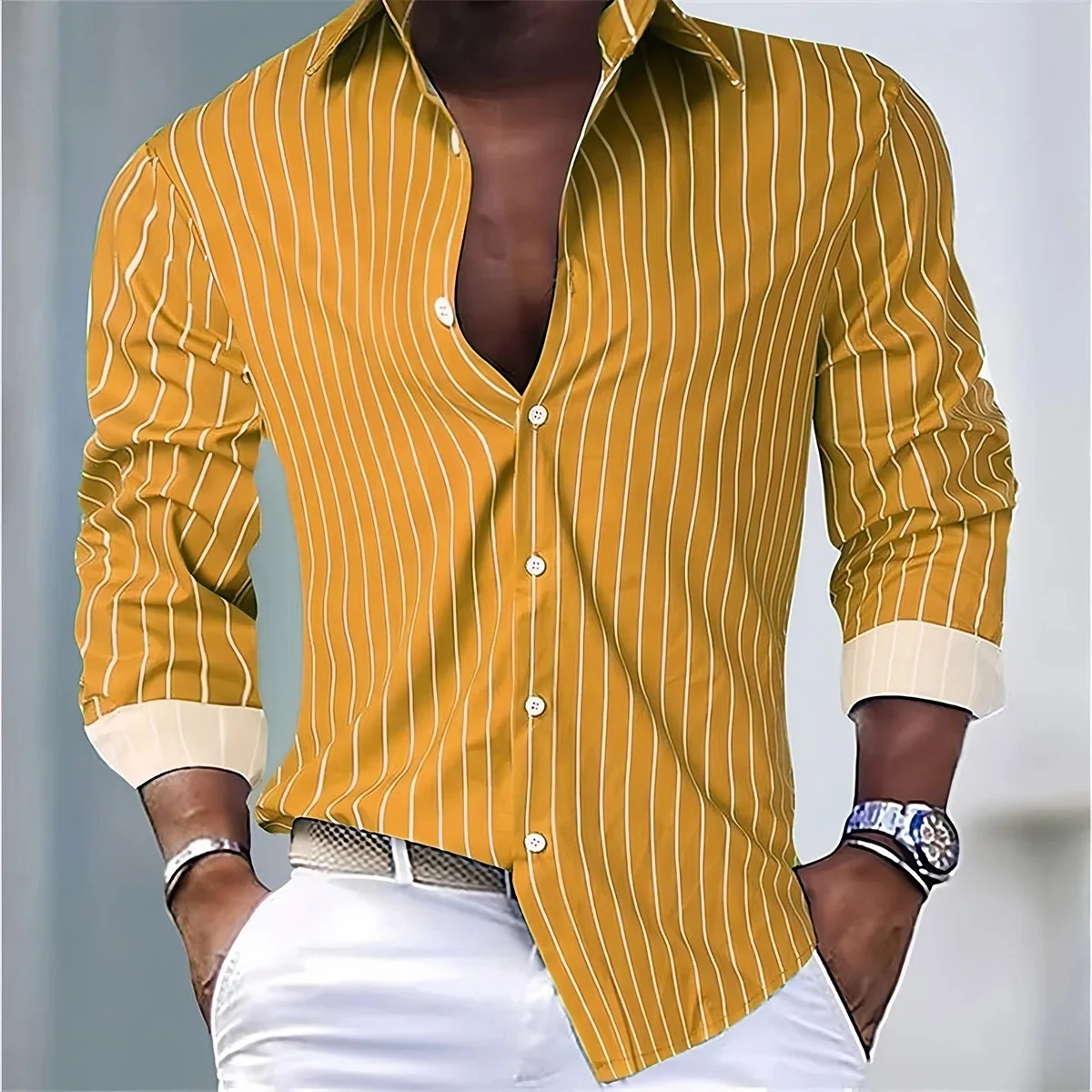 2025 Camisa elegante de moda para hombre, camisa clásica de manga larga con botones y solapa estampada en 3D, ropa de fiesta con temperamento para hombre