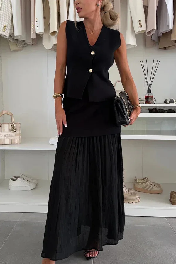 

Women Skirt 2 Piece Sets Outfits Waistcoat Top V Neck Sleeveless Single Breasted 2025 Office Lady Vest Pleated Long Skirts Suit