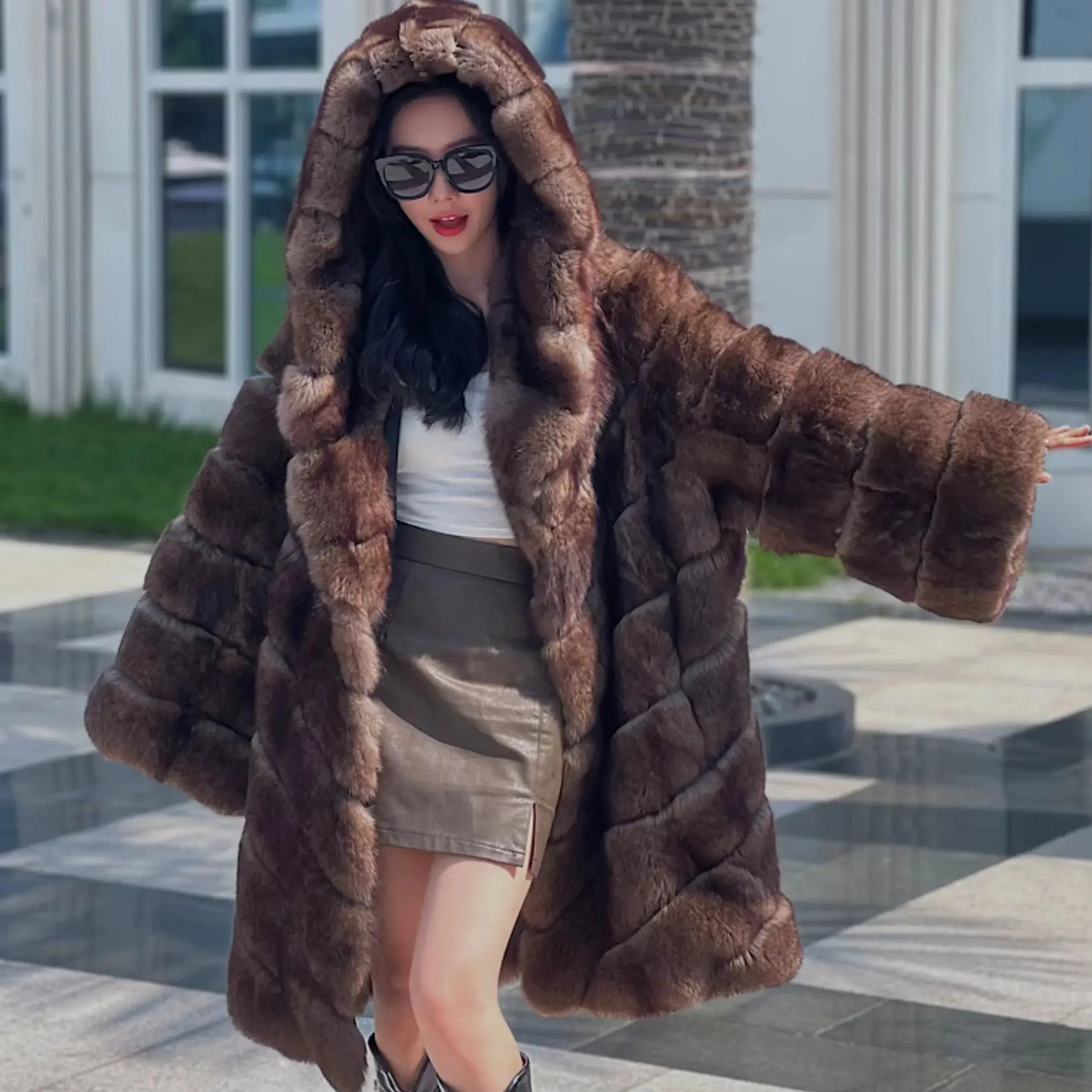 2024 Autumn and Winter New Genuine fox fur hooded coat for women Frost sable Color Outwear