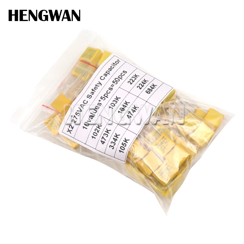 50pcs Polypropylene Film X2 Safety Capacitor Assorted Kit 275VAC 10Values Each 5pcs 1NF - 1UF