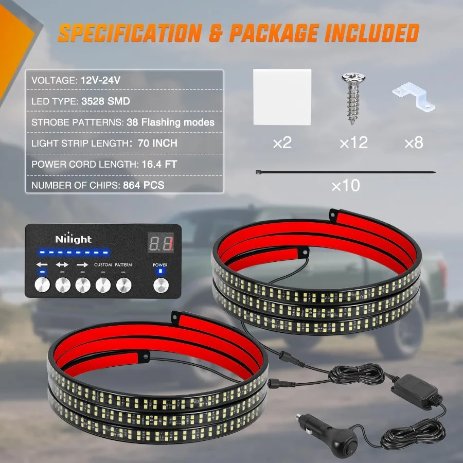 2 قطعة 70 بوصة شريط إضاءة إحترافي للطوارئ مع وحدة تحكم 864 LED أضواء لوحة تشغيل بيضاء مرنة الجانب وامض تحذير Cau #6