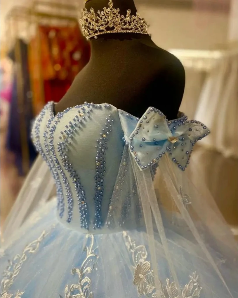 Sky Blue Charro Quinceanera Dresses Ball Gown Off The Shoulder Appliques Pearls Mexican Sweet 16 Dresses 15 Anos