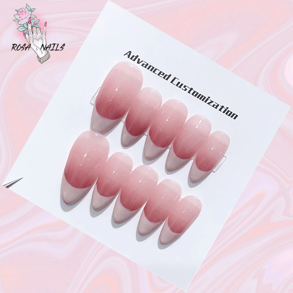 

ROSA NAILS French Press on Nail Set Handmade Pink Medium Short Almond Nude Oval Flake Tip White Edge Full Cover White False Tips