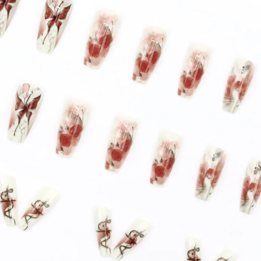 24 قطعة طويلة مربع الأظافر كاذبة الحبر غسل نمط الورد والفراشة الاكريليك الصحافة على الأظافر مسمار نصائح أظافر صناعية للالتصاق