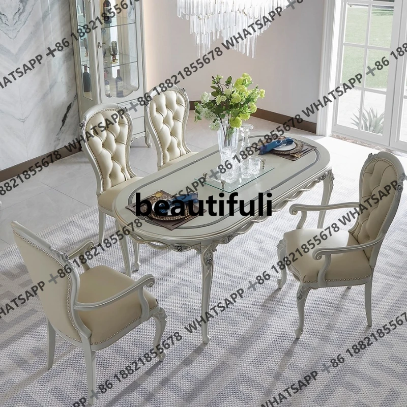 

Французский светлый роскошный длинный круглый обеденный стол из цельного дерева, европейский резной кожаный обеденный стол и стулья SE4