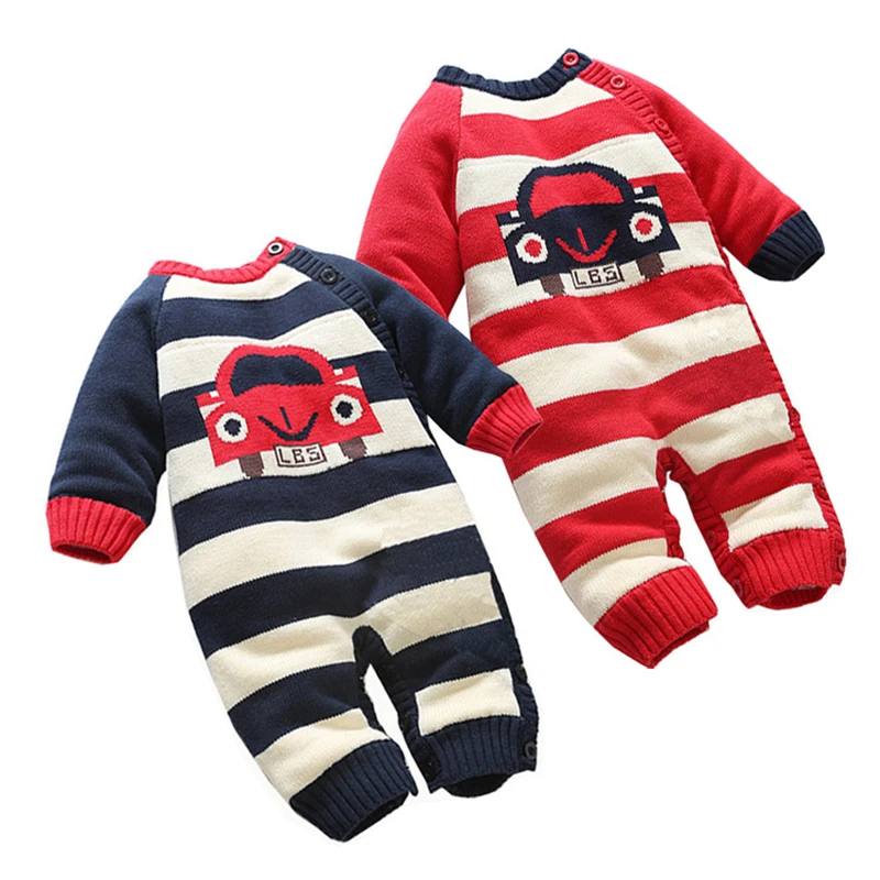 Baby Knitted Sweater Romper 0-18 Months Striped with Car Thick Cotton Long Sleeve Autumn Winter Infant Boy Girl Baby Clothing