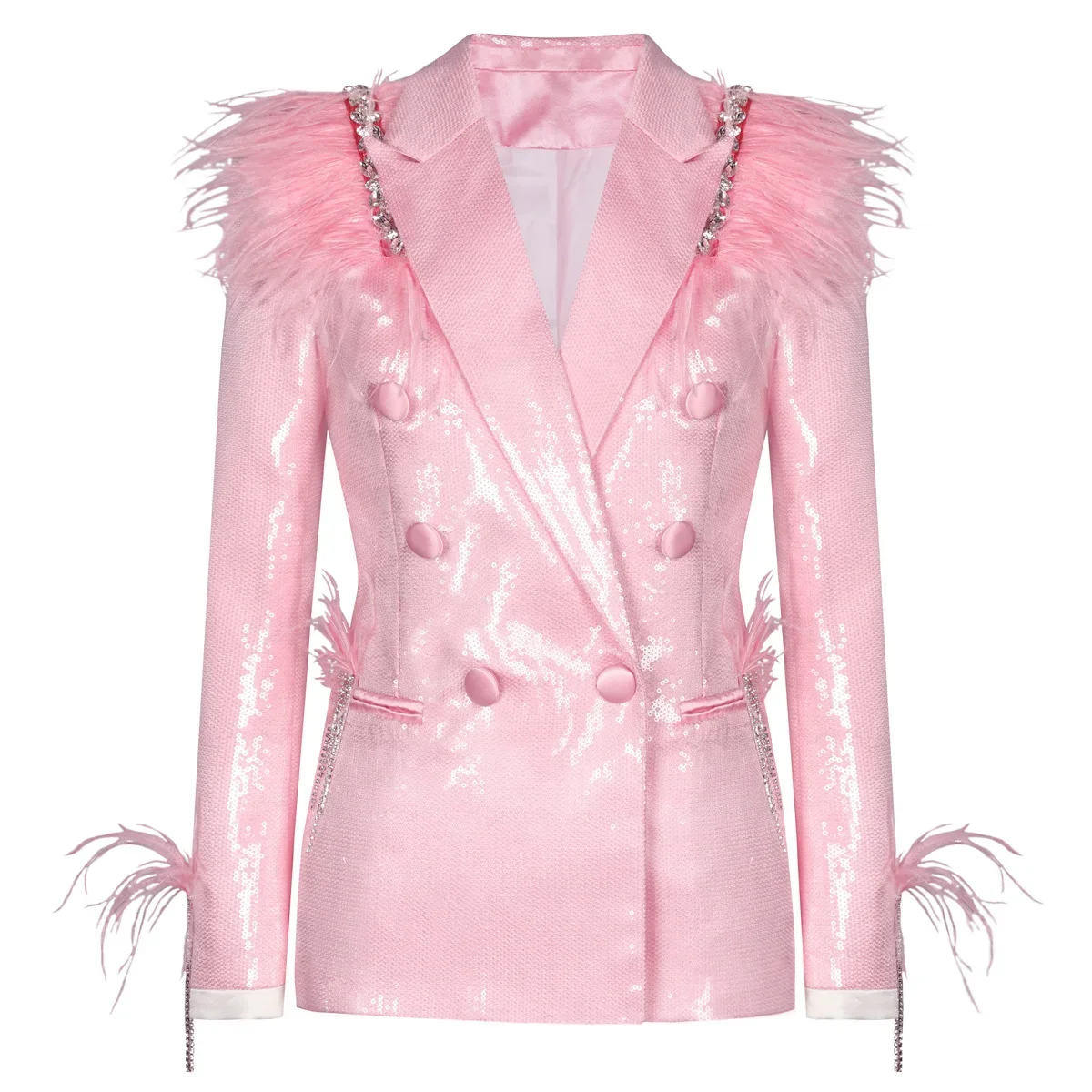 Pink  Sequins Fashion Coat Solid Loose Spliced Feather Blazer Women Lapel Long Sleeves Patchwork Clothing New party outfit