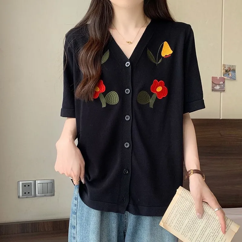 DAYIFUN-Large Size Cardigan Women Flower Preppy Embroidery Knitted Tops V-neck Short-Sleeved Ice Silk Tees Summer Fashion New