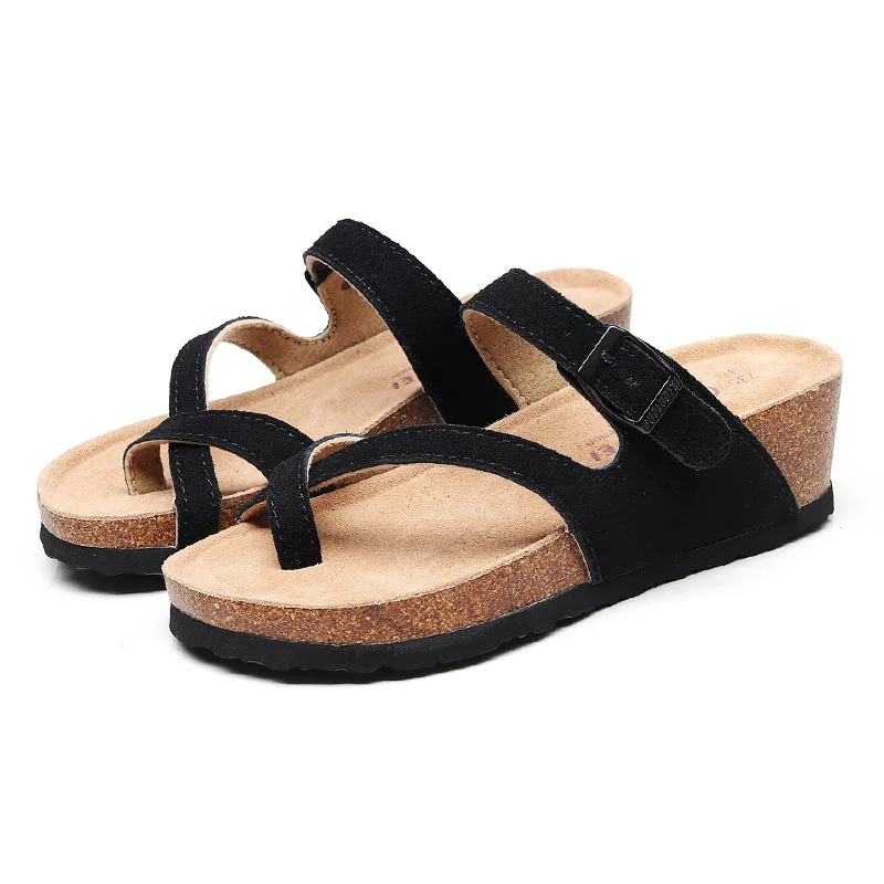 

Summer Women's Slope Heeled Cork Slippers Thick Soled Women's Clip on Beach Sandals Fashionable Women's Shoes