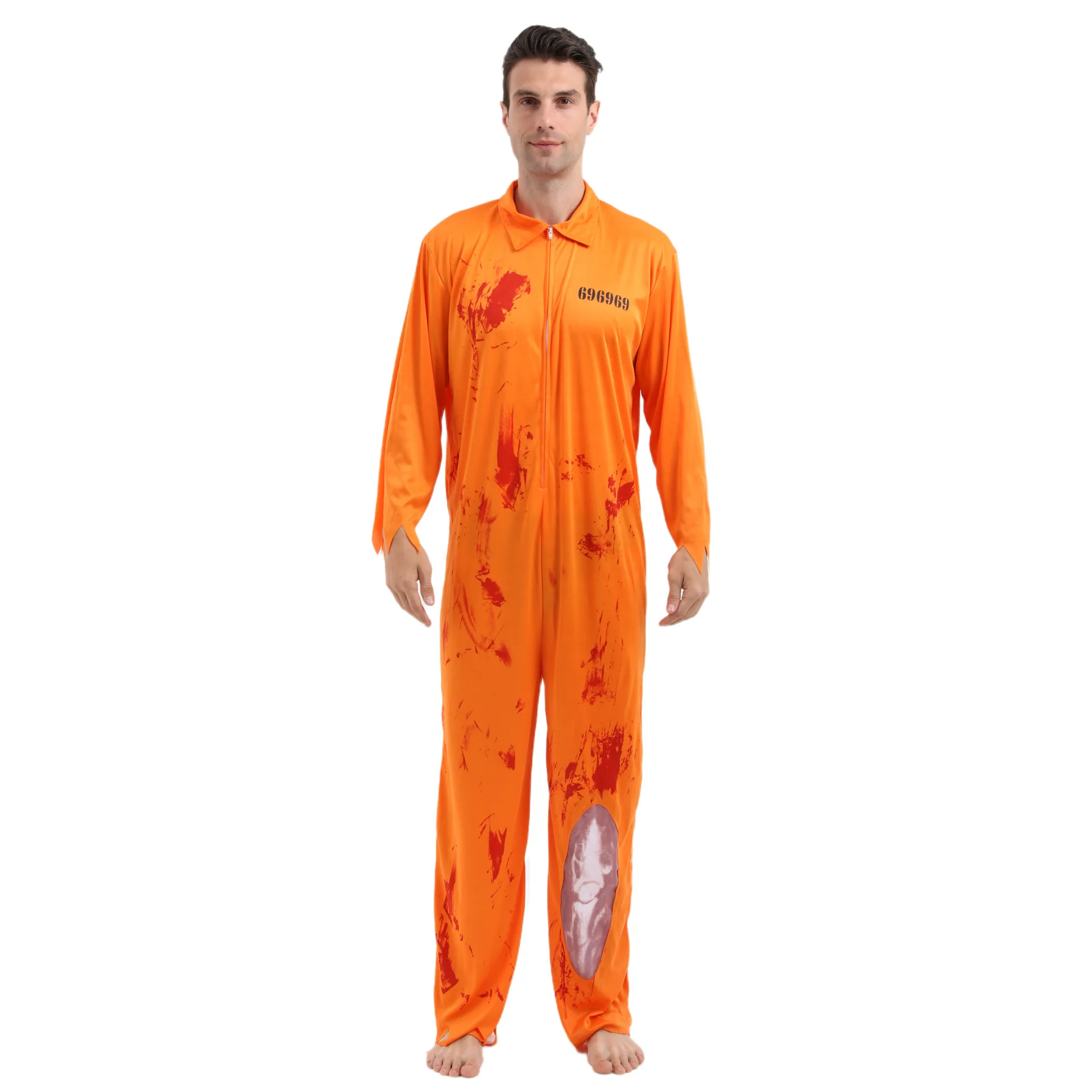 

2025 New Arrival Adult Skeleton Zombie Prison Jumpsuit Halloween Dress Up Bloody Convict Costume Mens Orange Prisoner