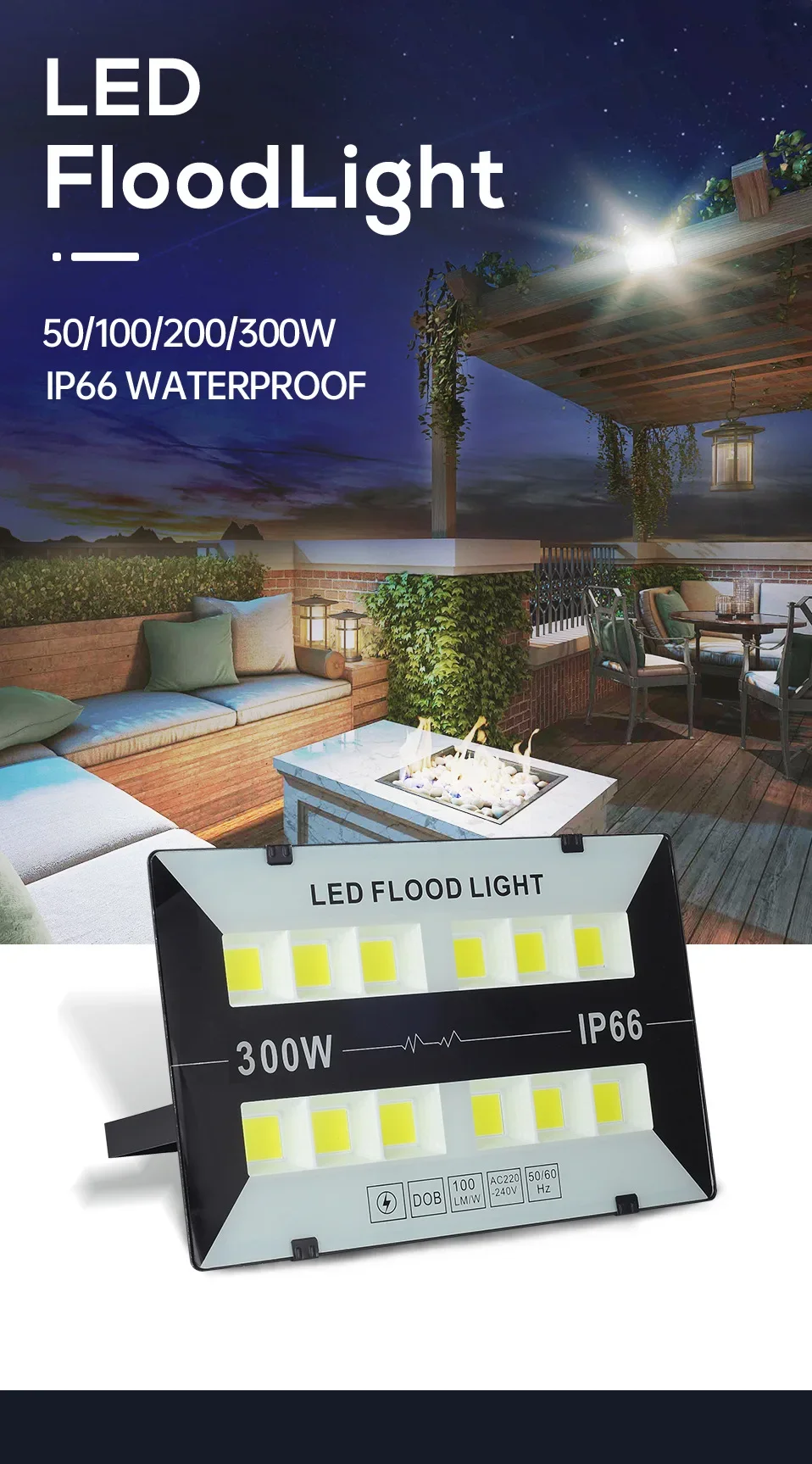 

Waterproof Outdoor LED Flood Light 50W/100W/200W/300W AC220-240V Spotlights Xtra Brightness Garden Street Light Floodlightings