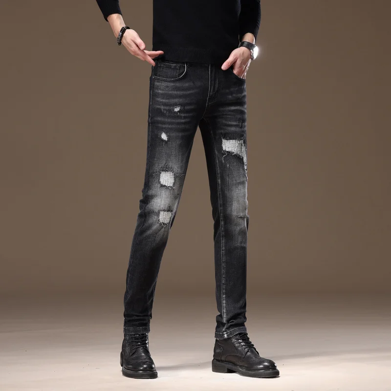Мужские джинсы со сломанной нашивкой, эластичные маленькие ноги, модные повседневные уличные брюки в стиле ретро, красивые потертые американские брюки