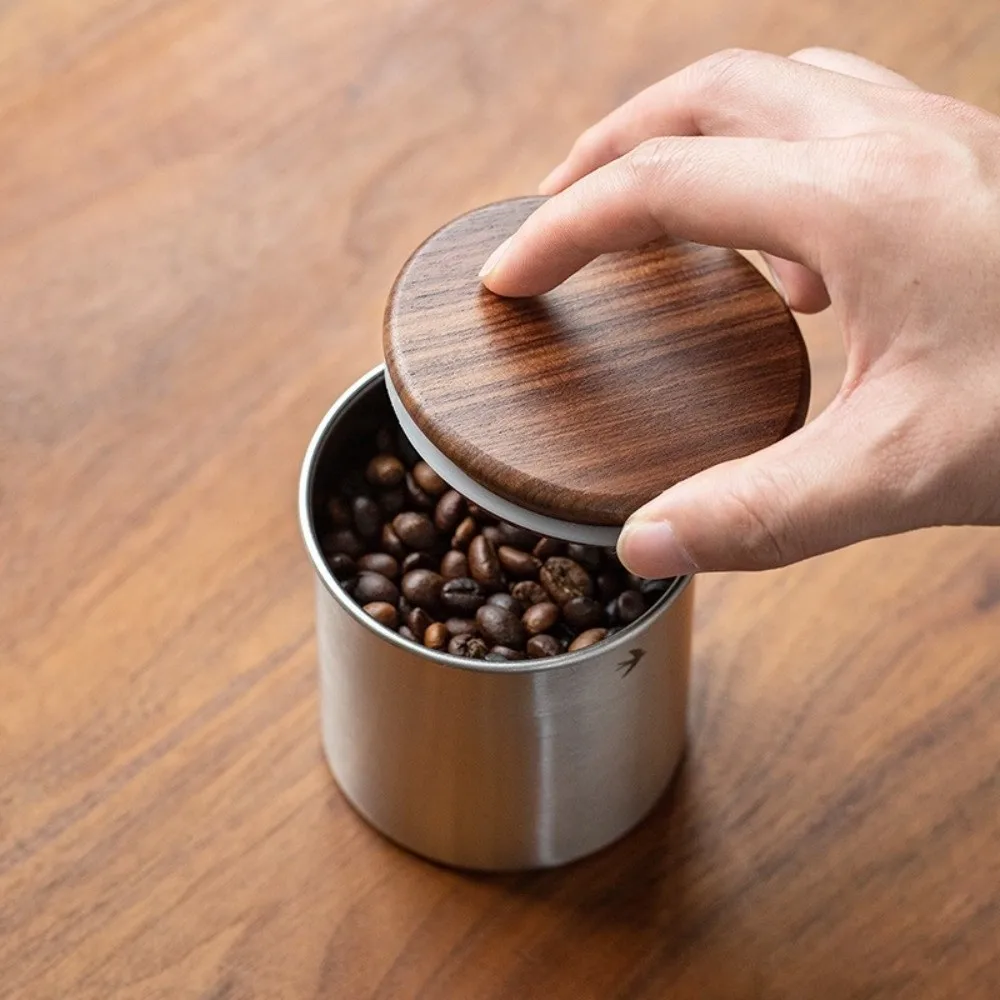 New Stainless Steel Matcha Jar 380ml 560ml Wood Lid Food Storage Containers Large Capacity Tea And Coffee Jar Kitchen view 5