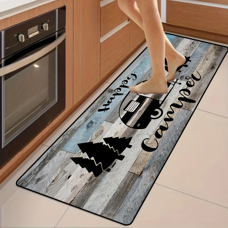 VIKAMA Happy Camping RV Printed Runner Rug, Non-Slip Washable Long Mat for Kitchen Campsite Farmhouse Decor, Living Room