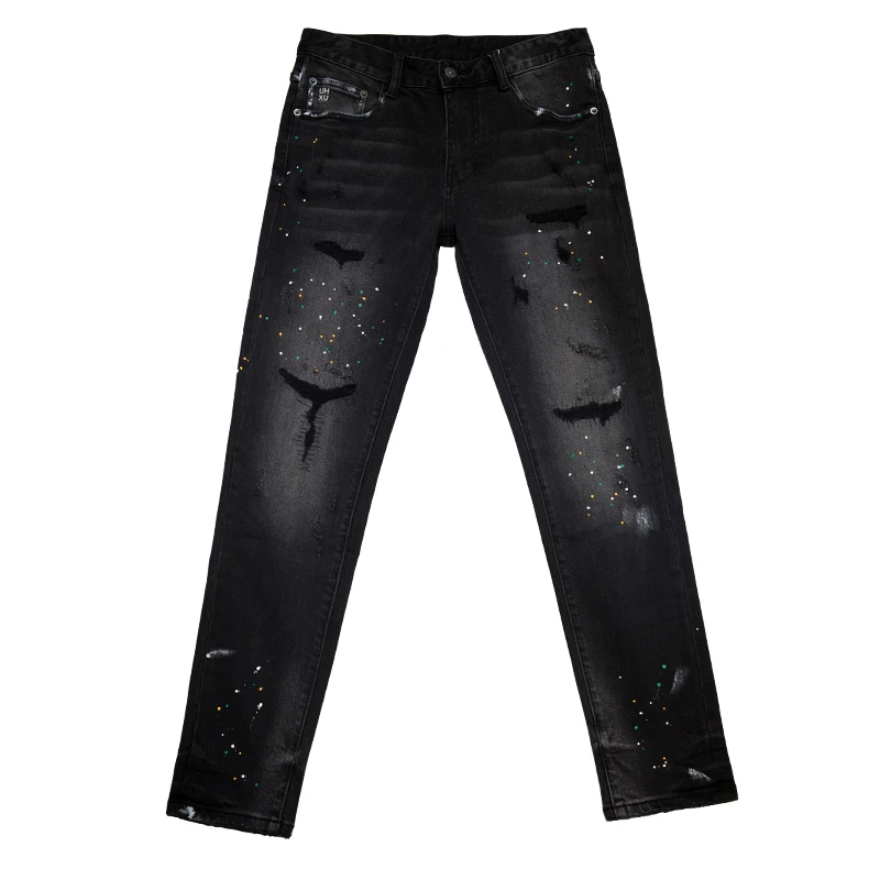 

JXNS98 High end new retro vintage jeans, trendy brand slim fit straight leg light colored perforated versatile small leg pants