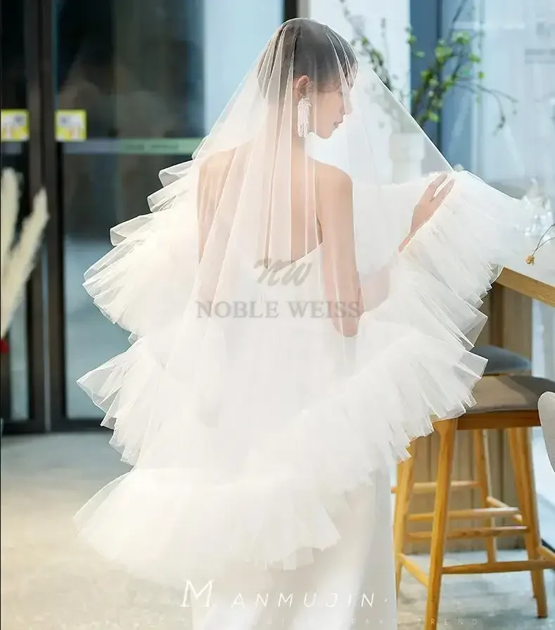 1T Short Wedding Veil Ruffled Edge Tulle Bridal Veil With Comb Fluffy Bride Veils Wedding Accessories Customized