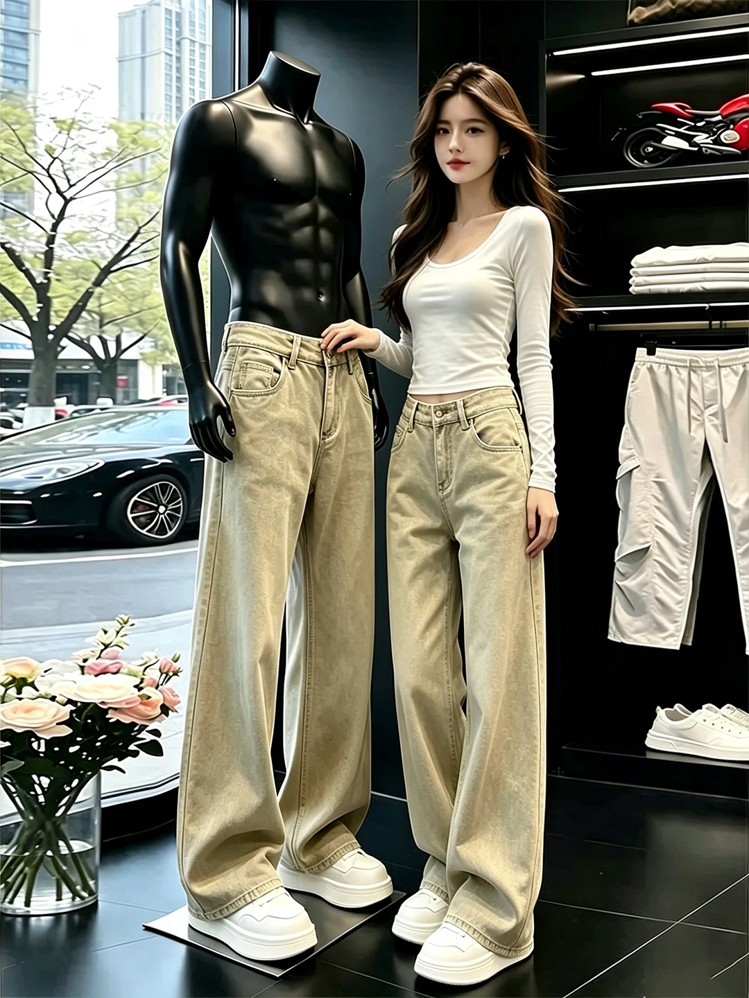 Calça Jeans Flare Cáqui Tamanho Pequeno Masculina e Feminina Outono, Efeito Emagrecedor e Alongador de Pernas, Perna Reta, Ca...
