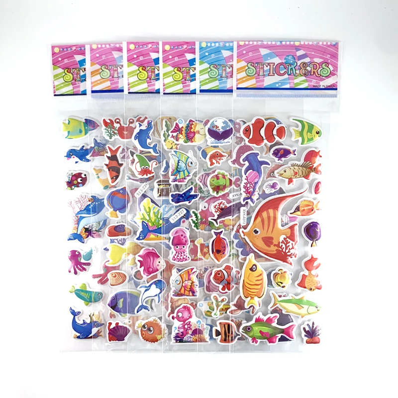 12 Sheets/Set Sea Fish Shark Dolphin Bubble Sticker for Kids Cartoon DIY Scrapbook Stickers Bedroom Decoration Boy Girl Gift