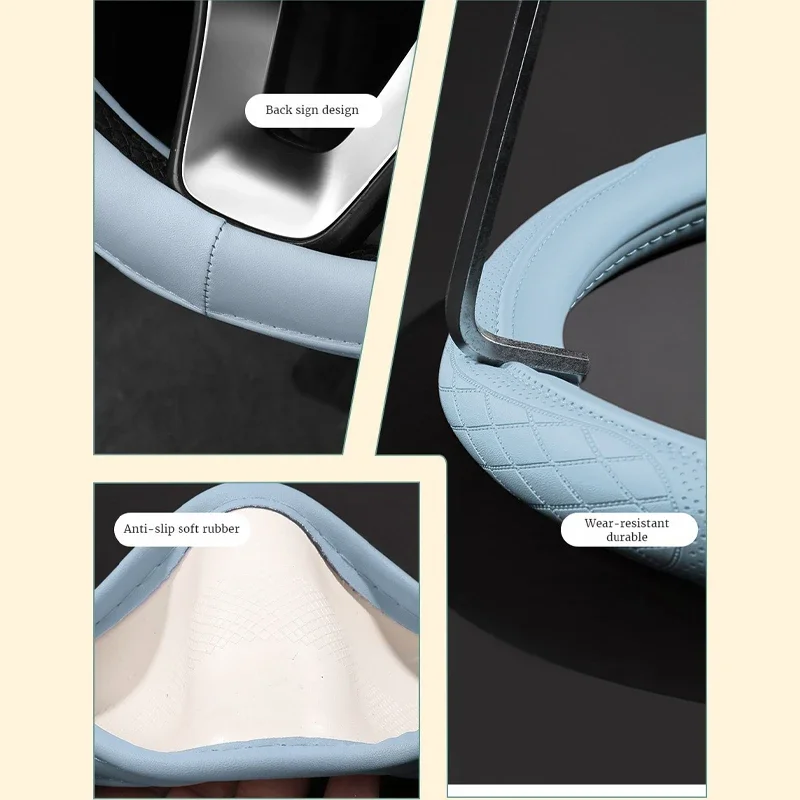 PU Leather Perforated Steering Wheel Cover Durable Leather Cover with Anti-Slip Lining, Fits 14.5-15in Diameter