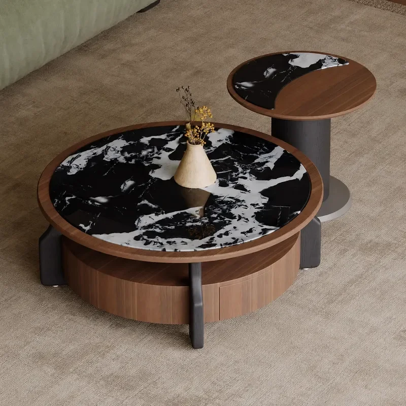 Italian Minimalist Coffee Table Set Walnut Microcrystalline Stone Antique Style Living Room Furniture for Small Apartment