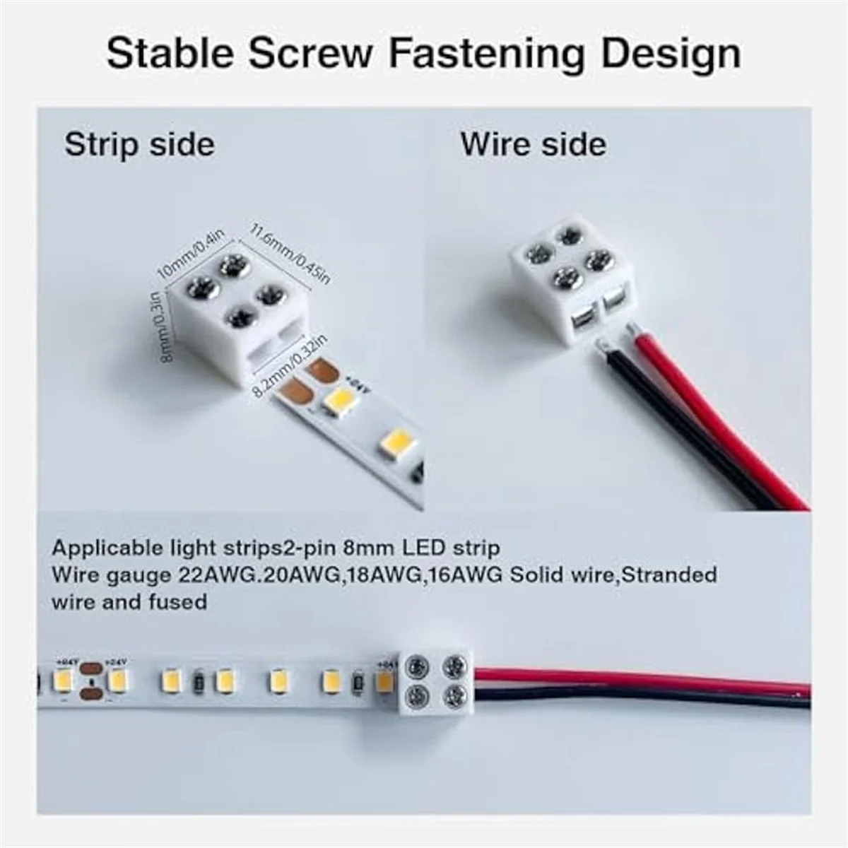 30-Piece Solderless LED Strip Connectors, 2Pin 8mm