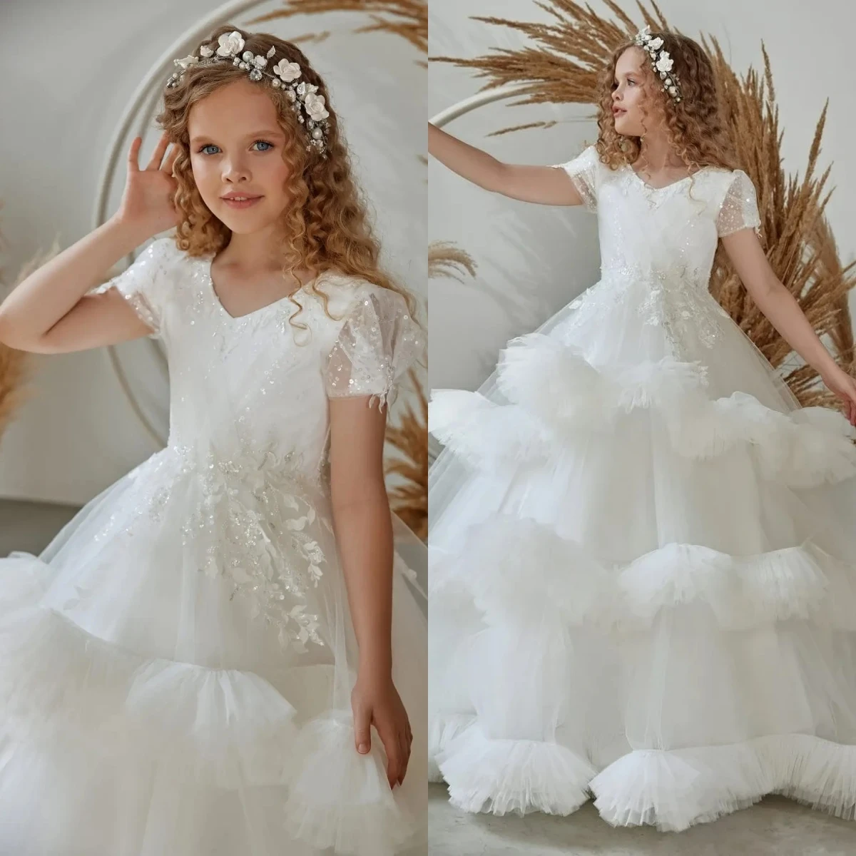 

Elegant Quality Tiered Ruffle Flower Girl Dress Short Sleeve V Neck Pleated Exquisite Appliqué Birthday Princess Evening Gowns