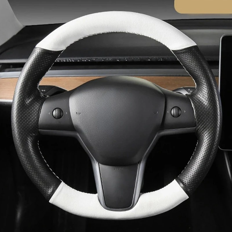 Hand-Stitched Soft Black With White Genuine leather Car Steering Wheel Cover For Tesla Model 3 2017-2020