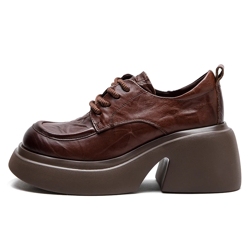 Dkanol 2024 modne damskie buty na platformie w stylu brytyjskim w stylu Retro ręcznie zarysowane buty z prawdziwej skóry bydlęcej gruby wysoki obcas