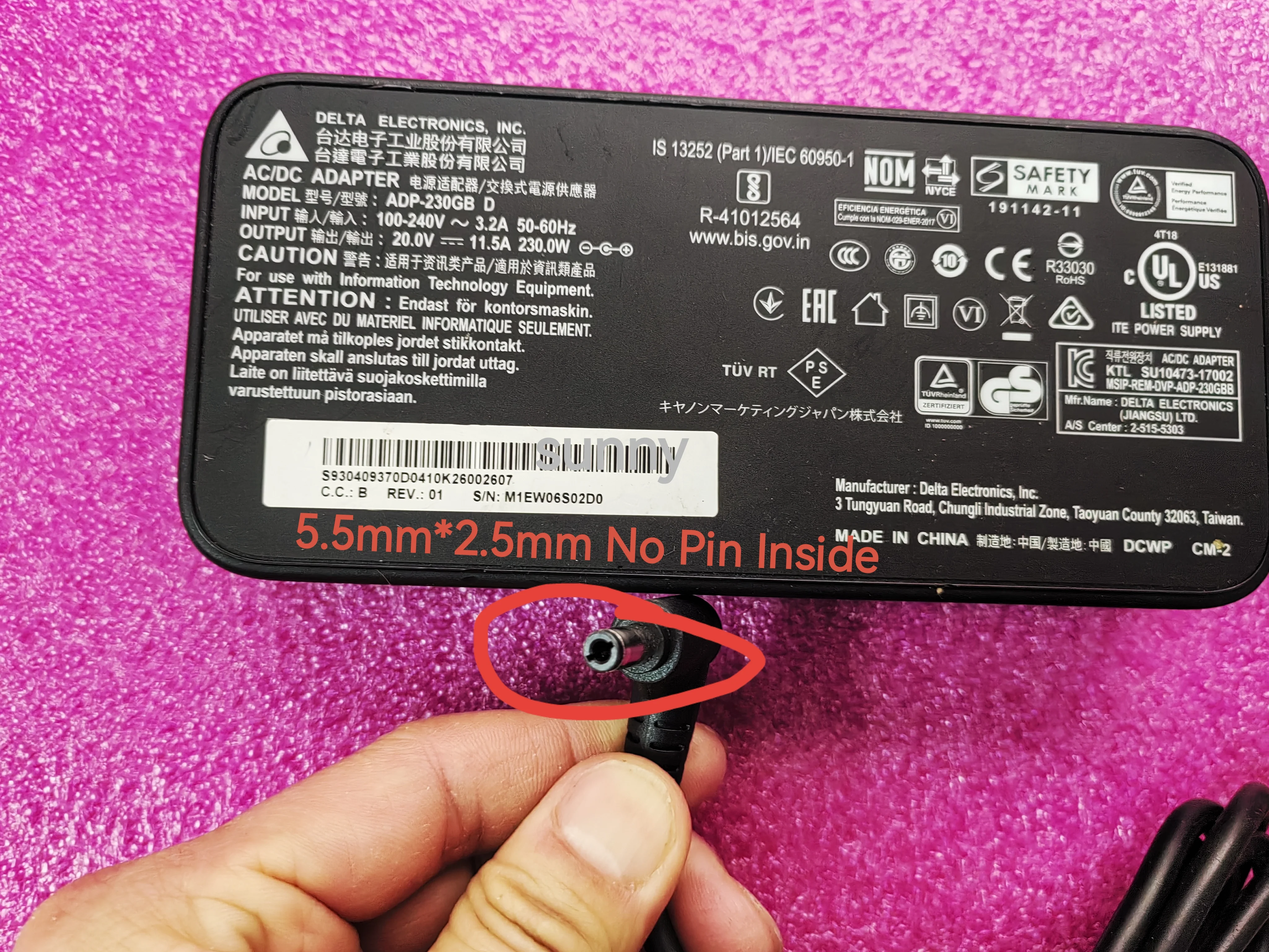 For MSI GS66 Stealth 10UH RTX3080 ADP-230GB D 5.5mm*2.5mm 230W Delta 20V 11.5A Slim AC Adapter 191142-11 OEM