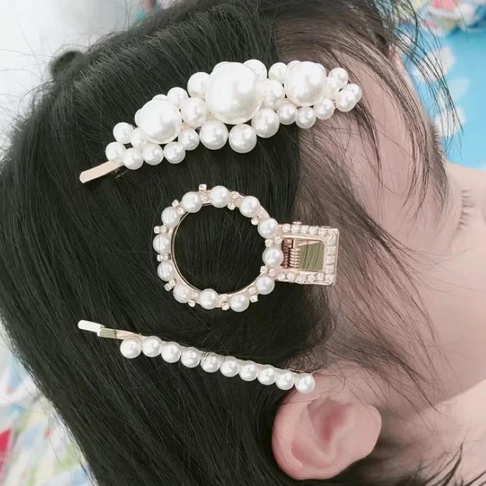 Elegant Pearl Hair Clips para mulheres e meninas, bangs geométricas, pino de metal, presilhas de cabelo dourado, Headwear nupcial, verão, 3pcs set