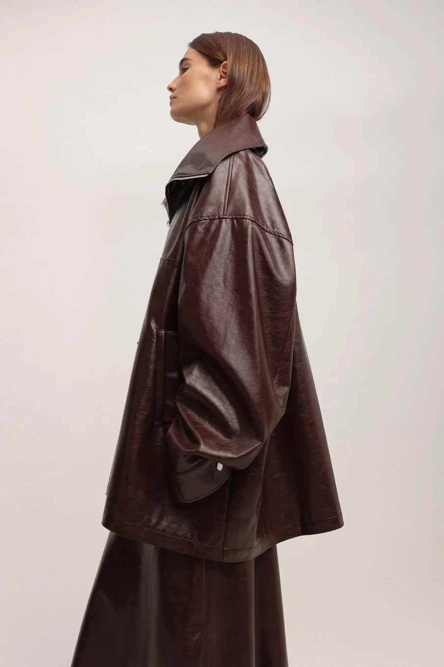 Laur 2026 Women Faux Leather Oversized Pullover Top, High Stand‑Up Collar Half Zip Loose Fit Fashion Autumn Outerwear Blouse