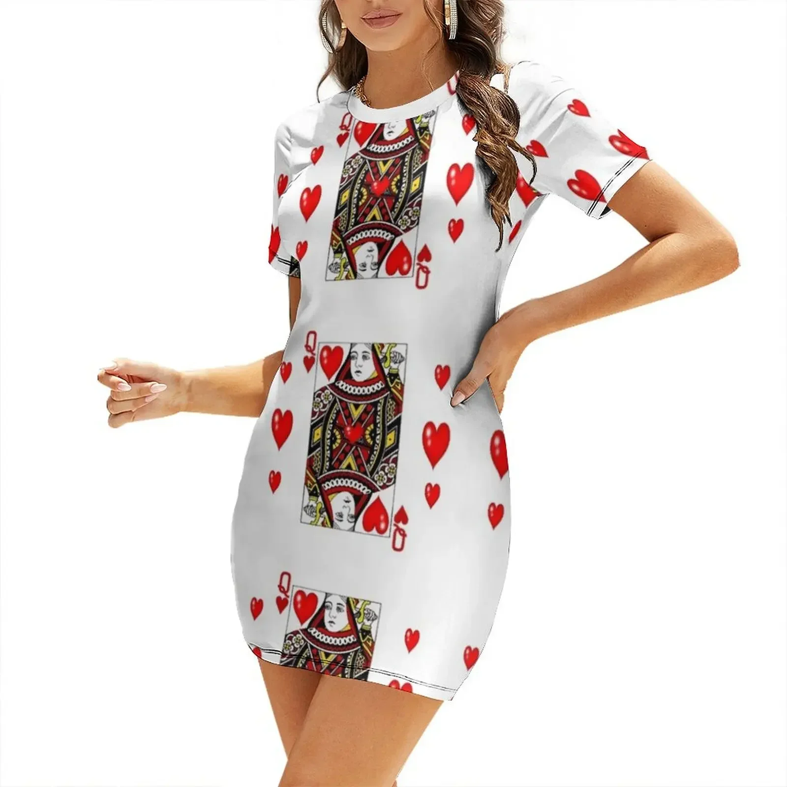 

QUEEN OF HEARTS SUIT CASINO PLAYING FACE CARD VALENTINES Short-Sleeved Dress Women's summer dress women's elegant loose dresses
