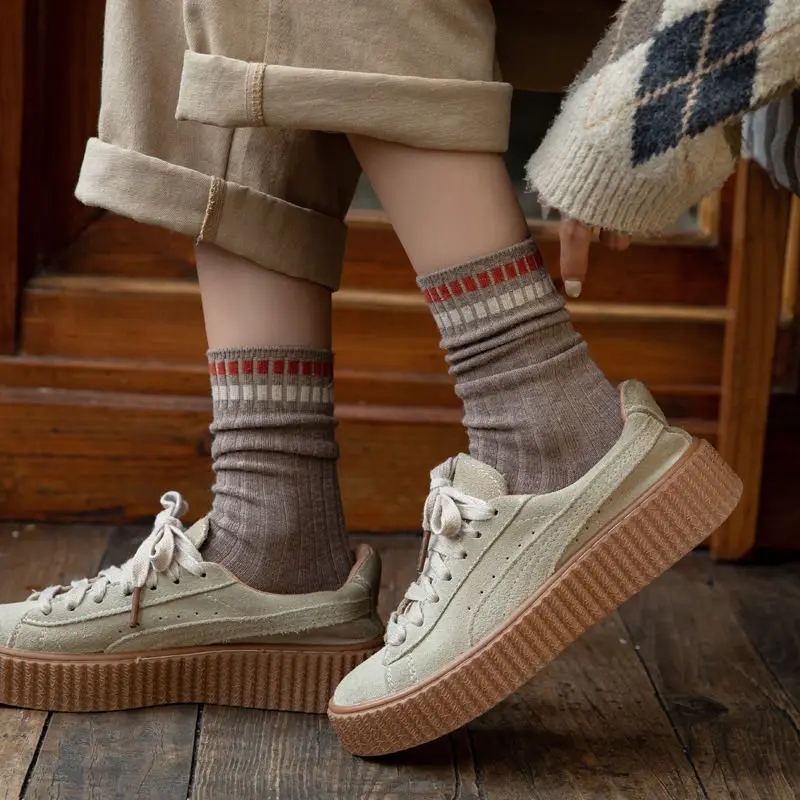 5pair/Lot Women Long Socks School Spring Autumn Knitting Striped Polyester Cotton Middle Tube Loose Sock Breathable Calcetines