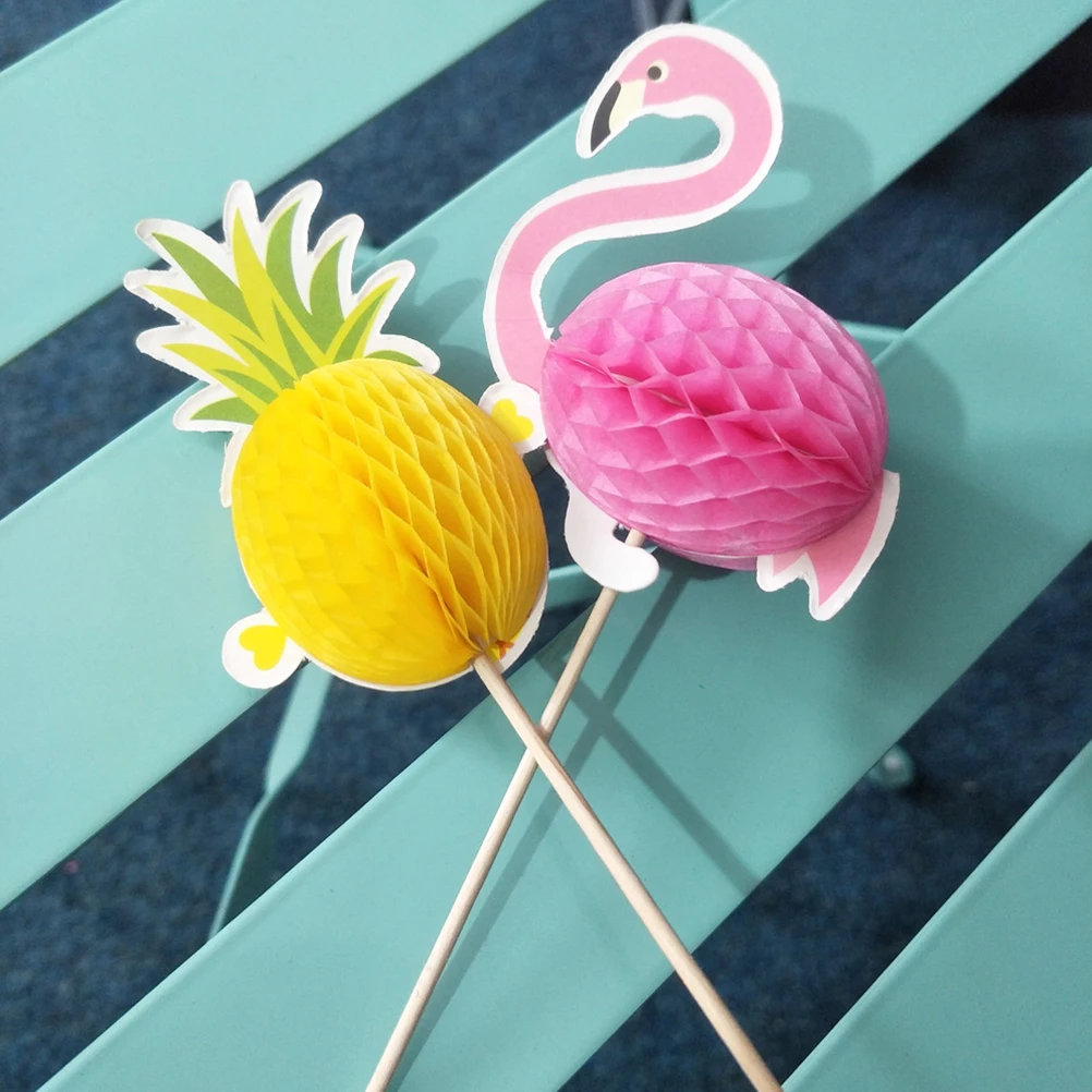 

10 Pcs Flamingo Pineapple Decoration 3D Cake Picks and Topper Hawaii Party Paper