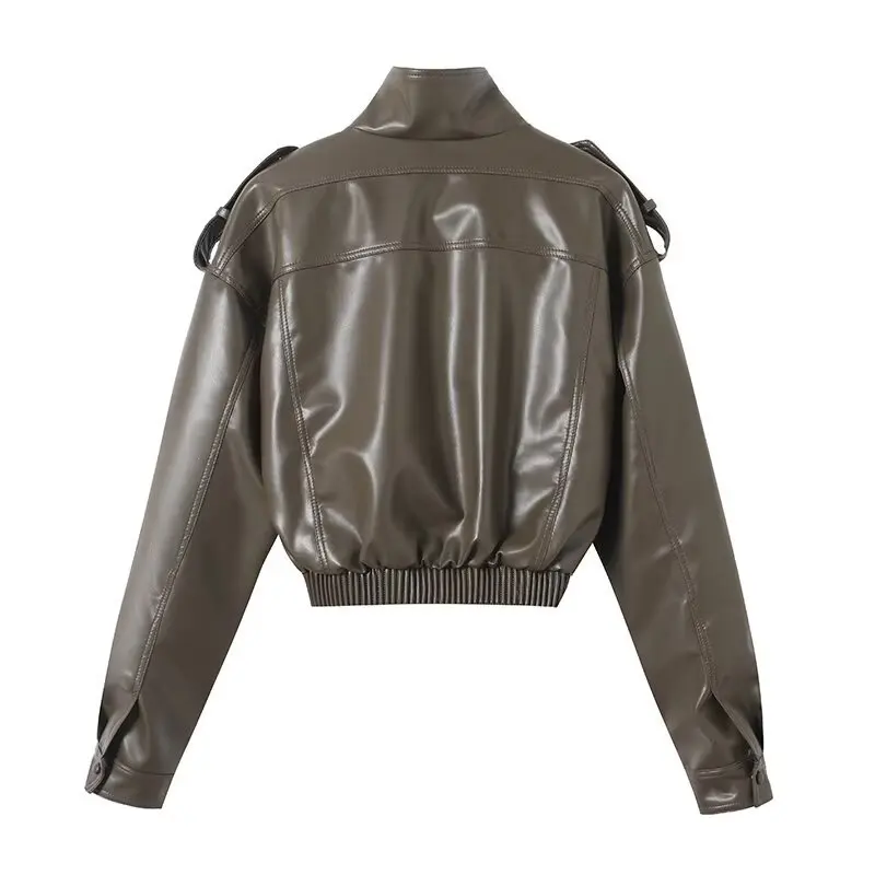 Brown Short Women's Leather Jacket Zipper Slim Solid Faux PU Coats Casual Black Long Sleeve Top Stand Elastic Hem Outerwears New