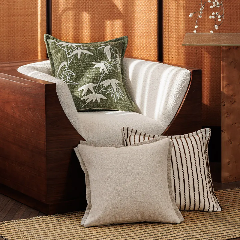 Wabi-Sabi Pillow Cover Set | Bamboo Leaf Jacquard & Linen & Striped Cushion Cases | Minimalist Oriental Sofa Bedroom Decor Throw