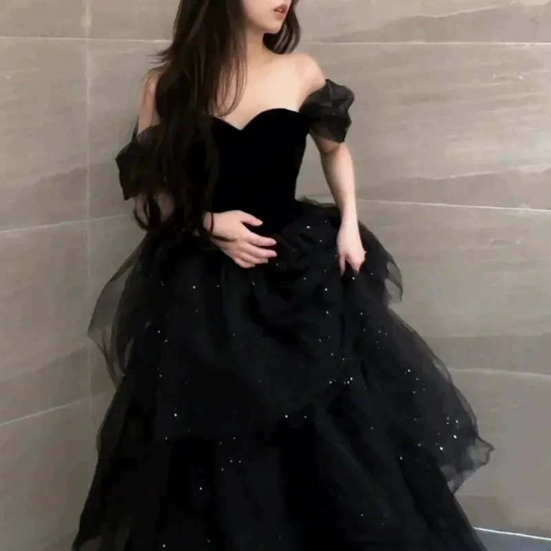 Black Evening Dress New Light Luxury Minority off-Shoulder Adult Ceremony Graduation Performance Women