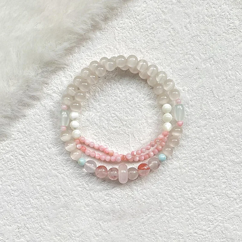 Peach Blossom Rose Quartz Shell Pearl Double Wrap Bracelet Chinese Style Red Resin Flower Beaded Bracelet Lucky Fortune Blessing