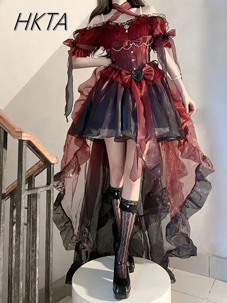 

Lolita Dress Luxury Elegant Burgundy Flower Wedding Light Princess Dress Fairy High Waist Slim Ruffle Edge Big Swing Dress Robe