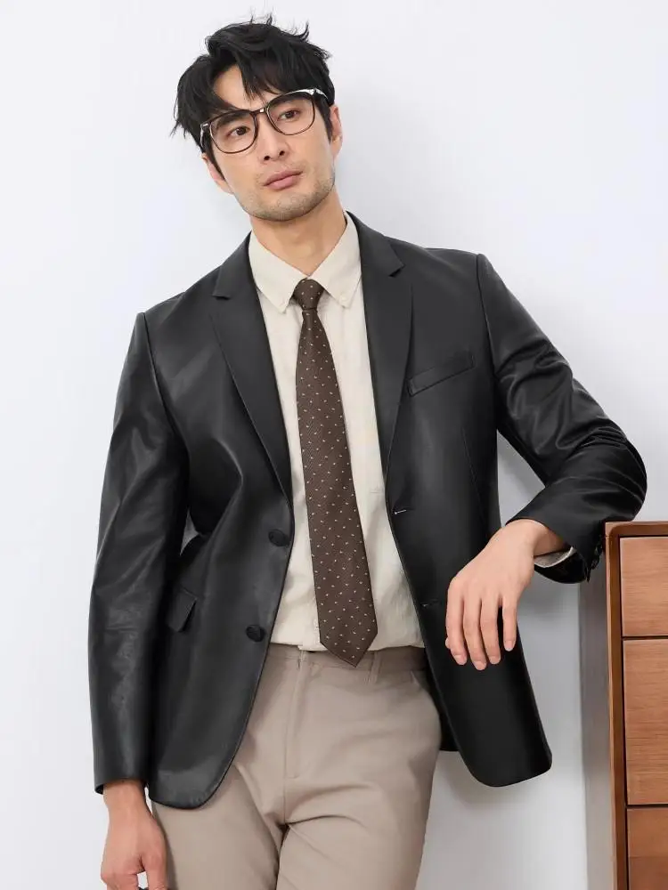 Autumn Business Men Work Slim Fit Single Breasted Cowhide Genuine Leather Jacket Luxury Office Suit Coat Winter Warm Down Jacket