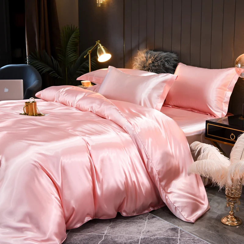 2025 Trendy High-End Bedding Set, 4PCS, 1.5m Full Bed, Blush Pink Solid Color, Luxurious Tencel, with Bed Linens and Bedspread.