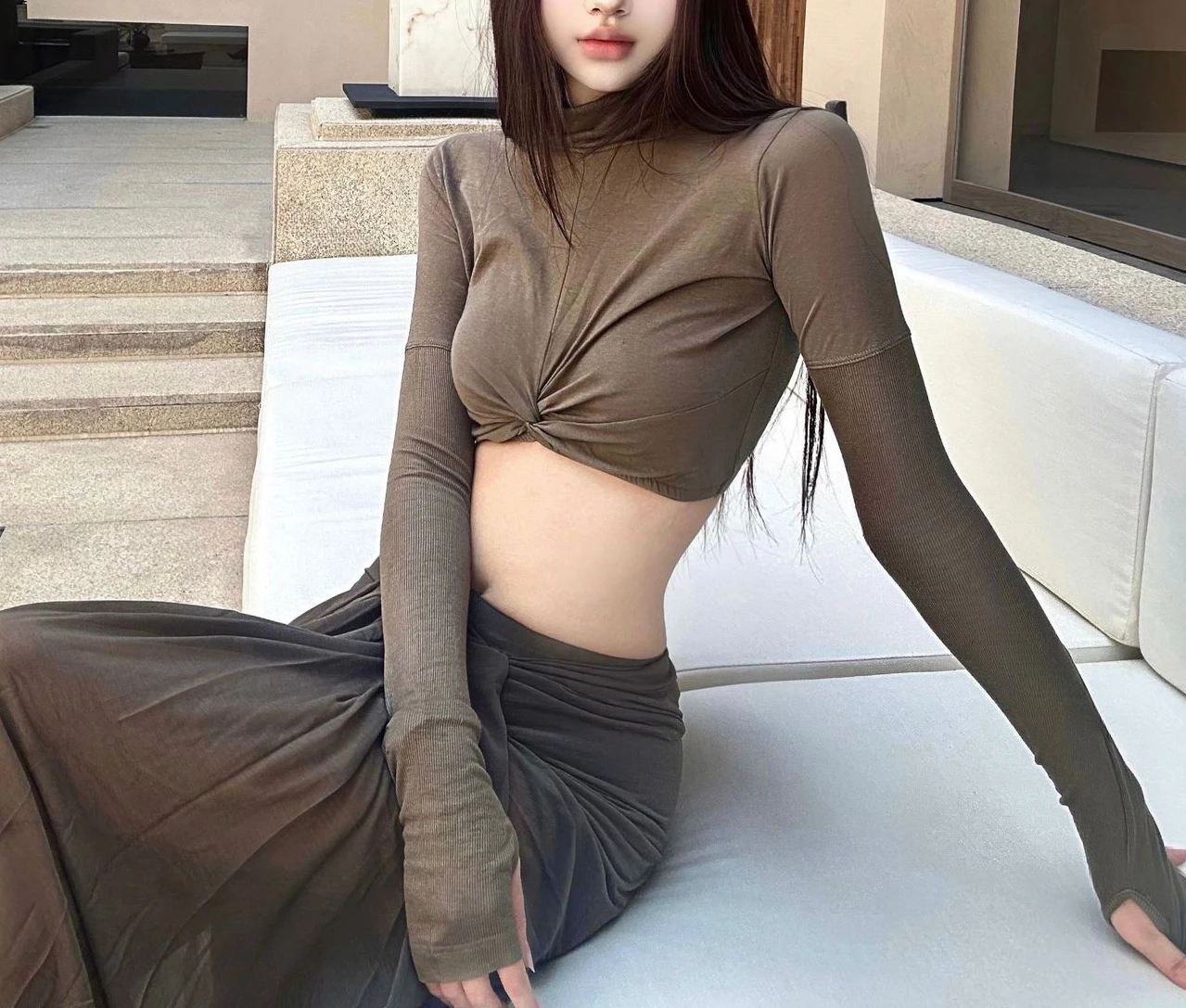 

2024 Spring Summer Women's RO Style Korean Olive Green Turtleneck Knit Long Sleeve Bodysuit T-Shirt High Quality Trendy Basic
