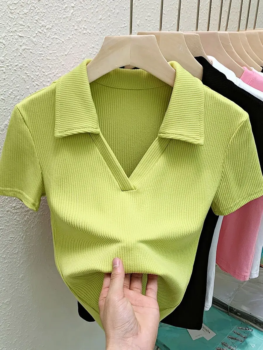 

Женская облегающая футболка с v-образным вырезом, облегающая основа, длина до рта, внутренняя одежда, однотонная универсальная футболка весна-осень