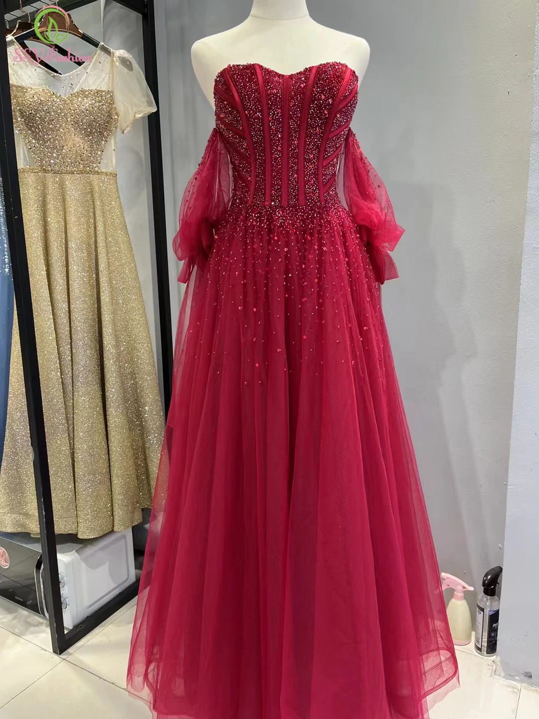 Customized  Sweetheart Sequins Beading Evening Dress for Women Sexy Wine Red A-line Floor-length Luxury Formal Gowns Vestidos